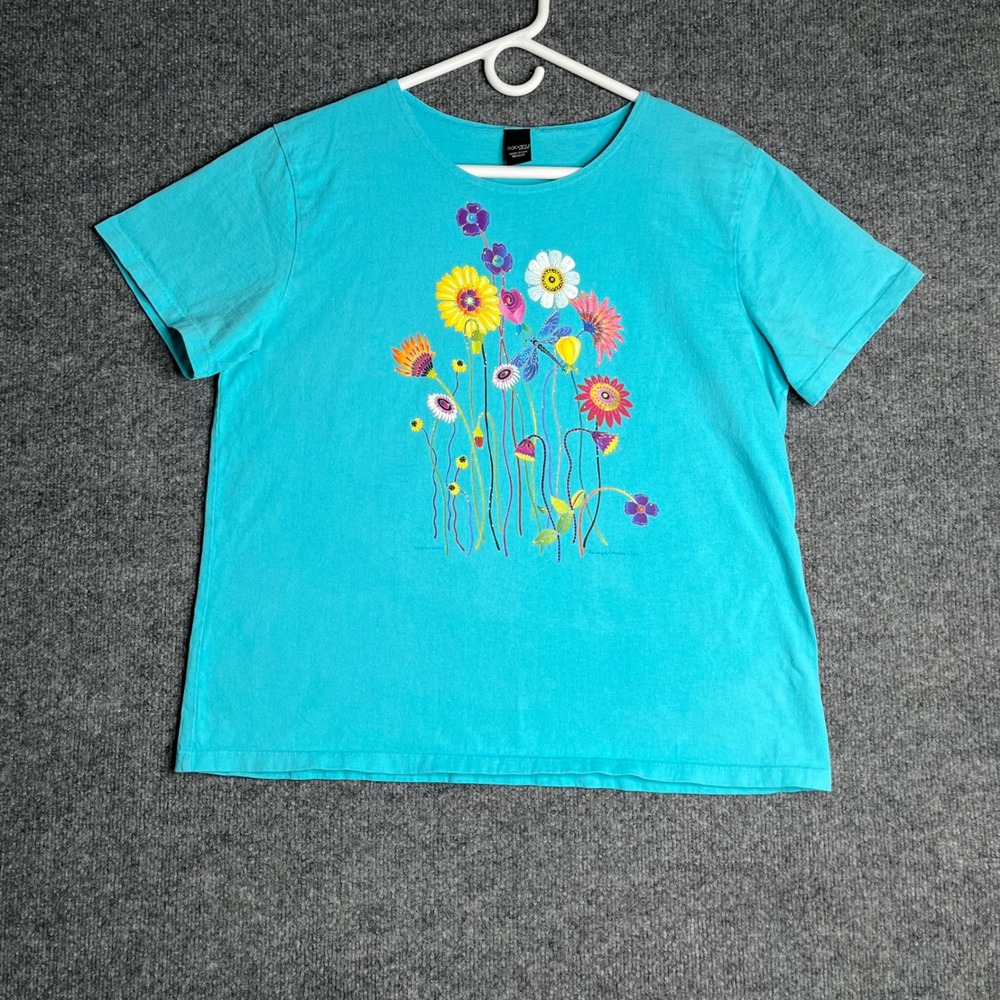 Sabaku Artwear Alone In A Garden Floral T-Shirt Turquoise Blue Medium USA Made